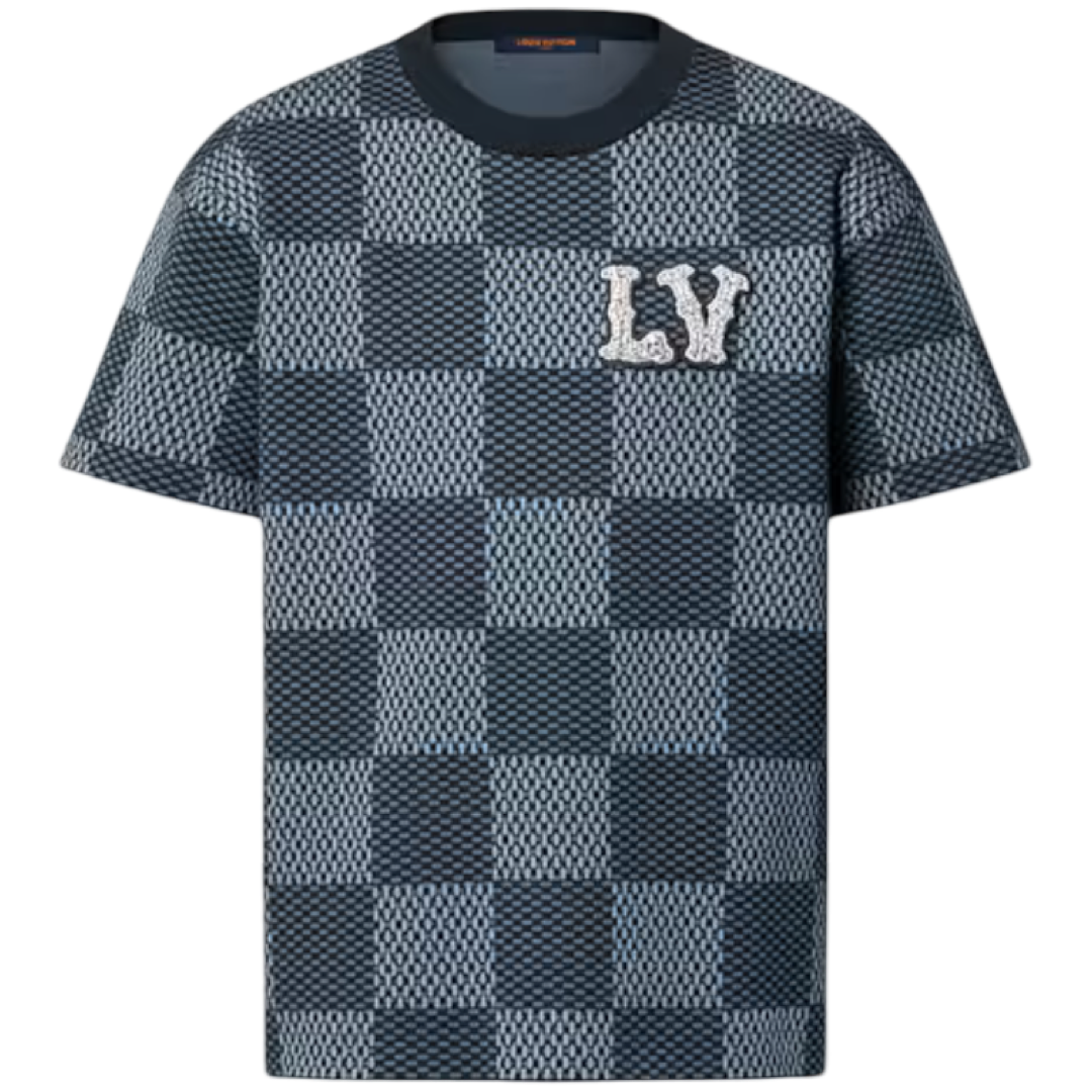 Louis Vuitton Short-Sleeved Cotton Damier Crewneck with Crystal LV Patch (Navy)