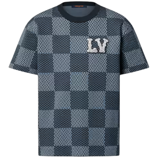 Louis Vuitton Short-Sleeved Cotton Damier Crewneck with Crystal LV Patch (Navy)