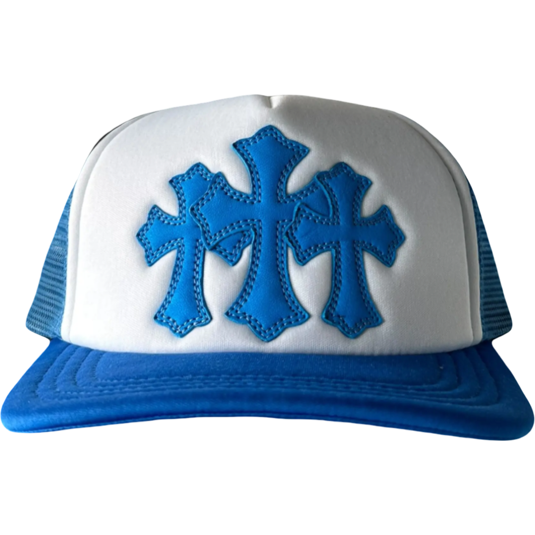 Chrome Hearts 'Triple Cross' Trucker Hat (White/Blue)