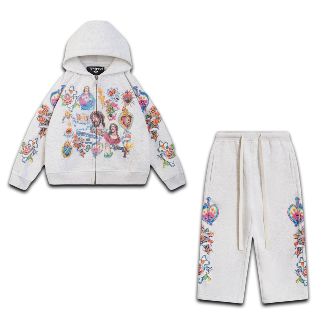 Righteous Kids "Risen King" Cropped Zip Up & Sweats (Grey)