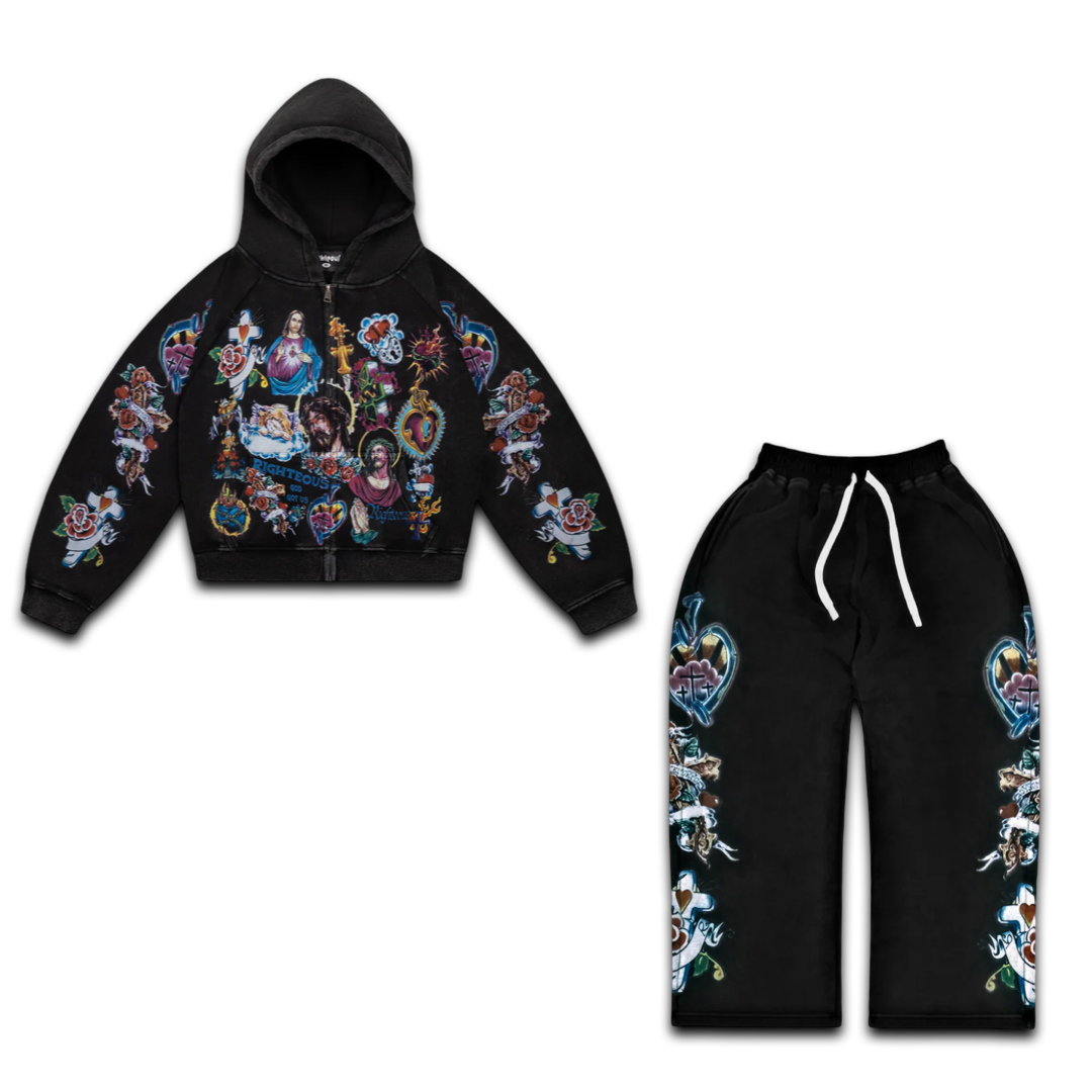 Righteous Kids "Risen King" Cropped Zip Up & Sweats (Black)