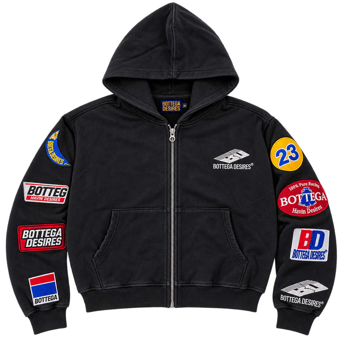 Bottega Desires Patches Zip-Up Hoodie in "Black"