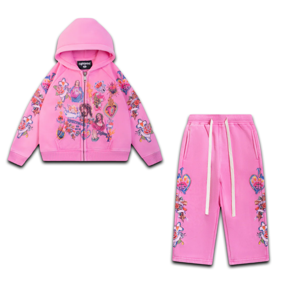 Righteous Kids "Risen King" Cropped Zip Up & Sweats (Pink)
