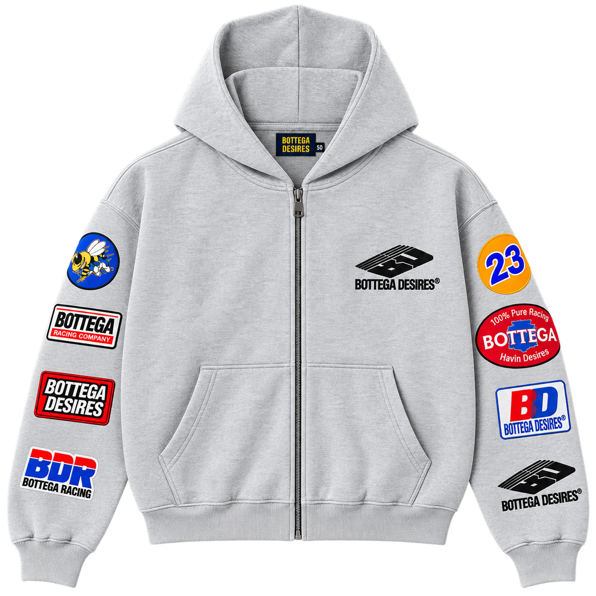 Bottega Desires Patches Zip-Up Hoodie in "Grey"
