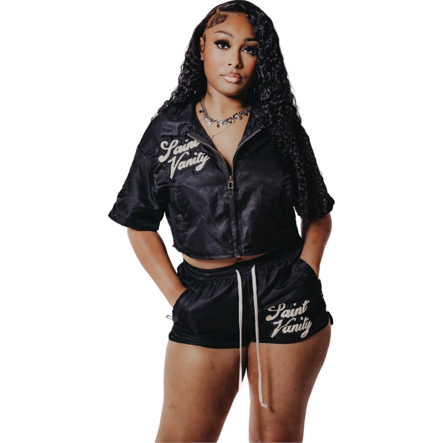 Saint Vanity Women’s Nylon Jacket & Shorts Set (Black)