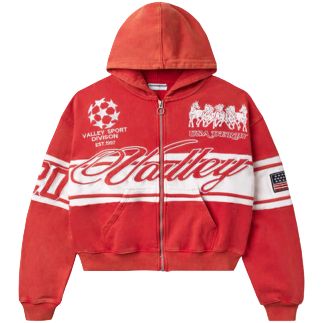 Vale Cursive Zip Up Hoodie (Red)
