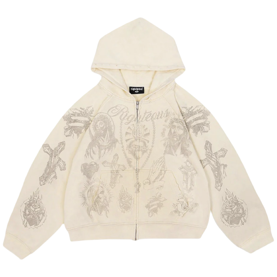 Righteous "Tatted Believer" Cropped Zip Up (Cream)