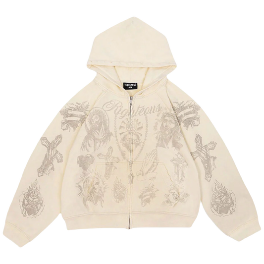 Righteous "Tatted Believer" Cropped Zip Up (Cream)