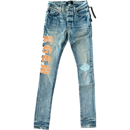 Amiri Clay Indigo/Orange T.G.C.W Distressed Logo Jean