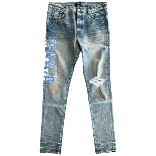Amiri Clay Indigo/Blue T.G.C.W Distressed Logo Jean