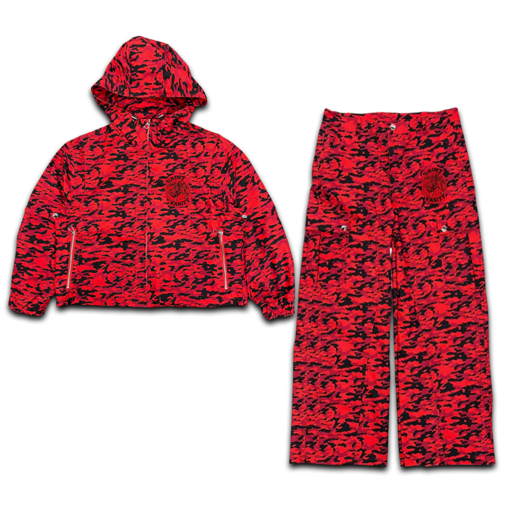 Saint Vanity Nylon Tiger Camo Zip Up Jacket/Cargo Pants Set (Red)